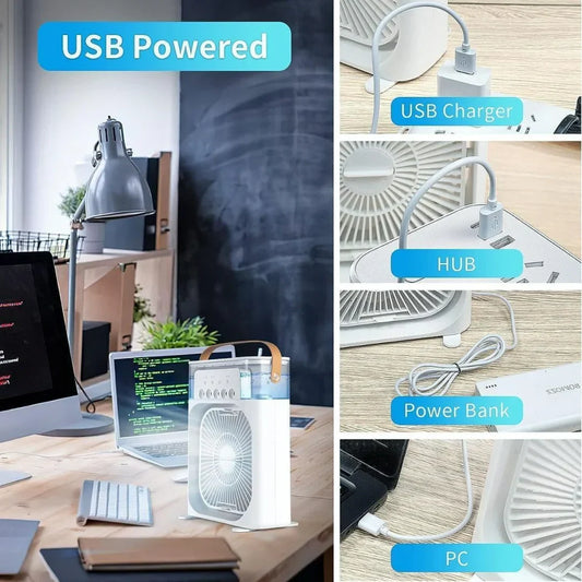 Portable Air Cooler Fan with Water Tank &amp; USB Power - Mini Personal Evaporative Cooler with 3 Speeds, Mist Humidifier, LED Light, Quiet Cooling for Home, Office, Bedroom